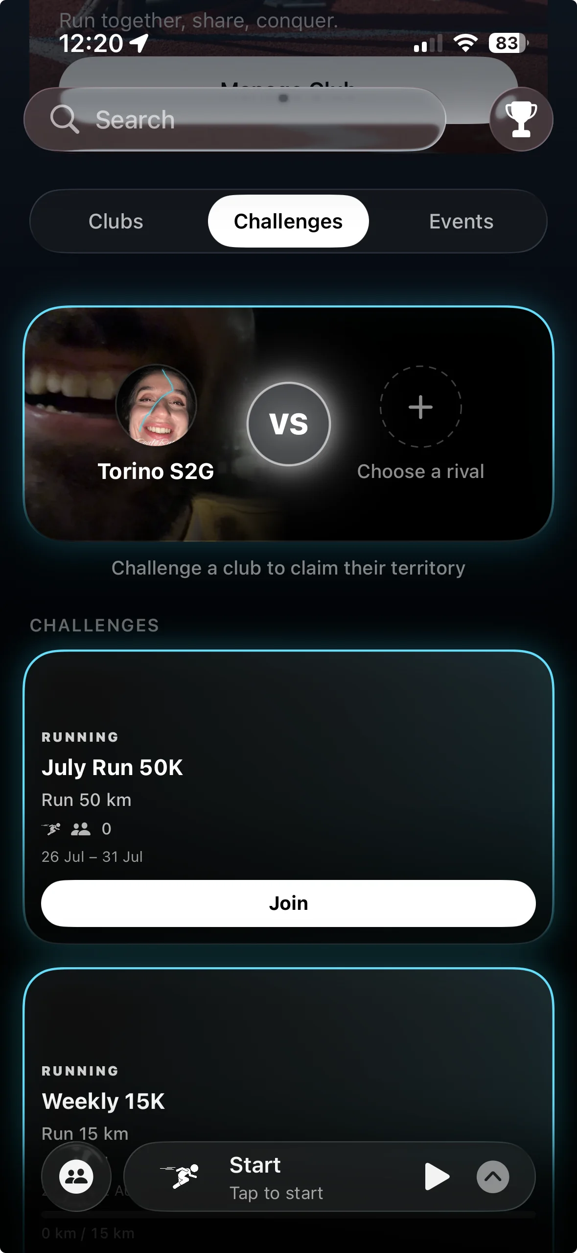 RouteRush club challenges with a head-to-head card and open challenges