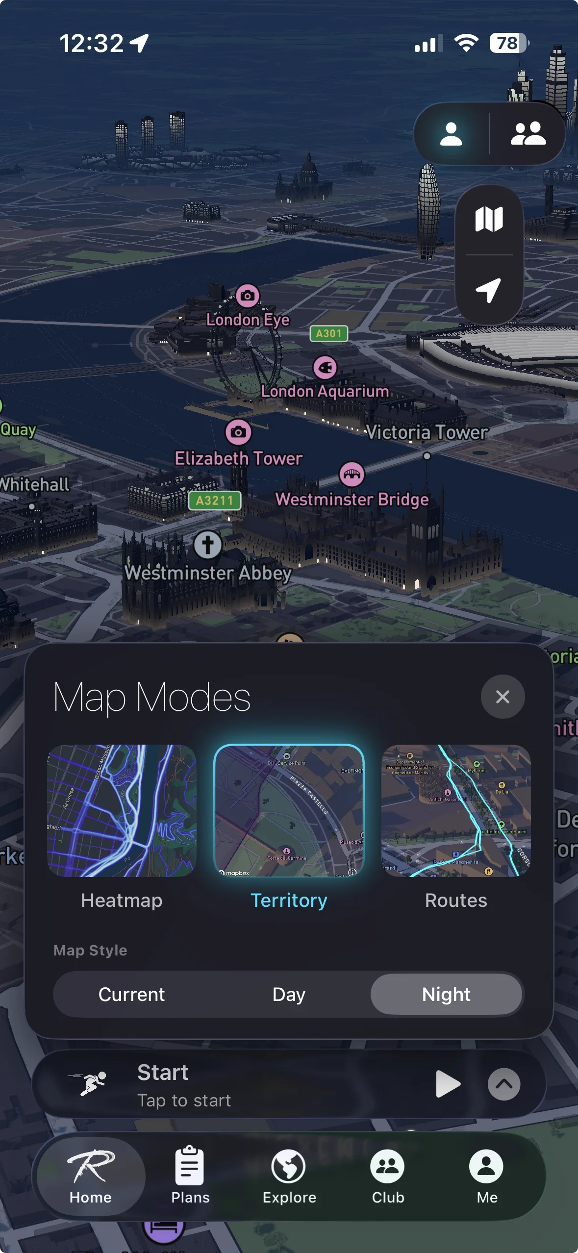 RouteRush Map Modes over London: Heatmap, Territory and Routes cards above the 3D city