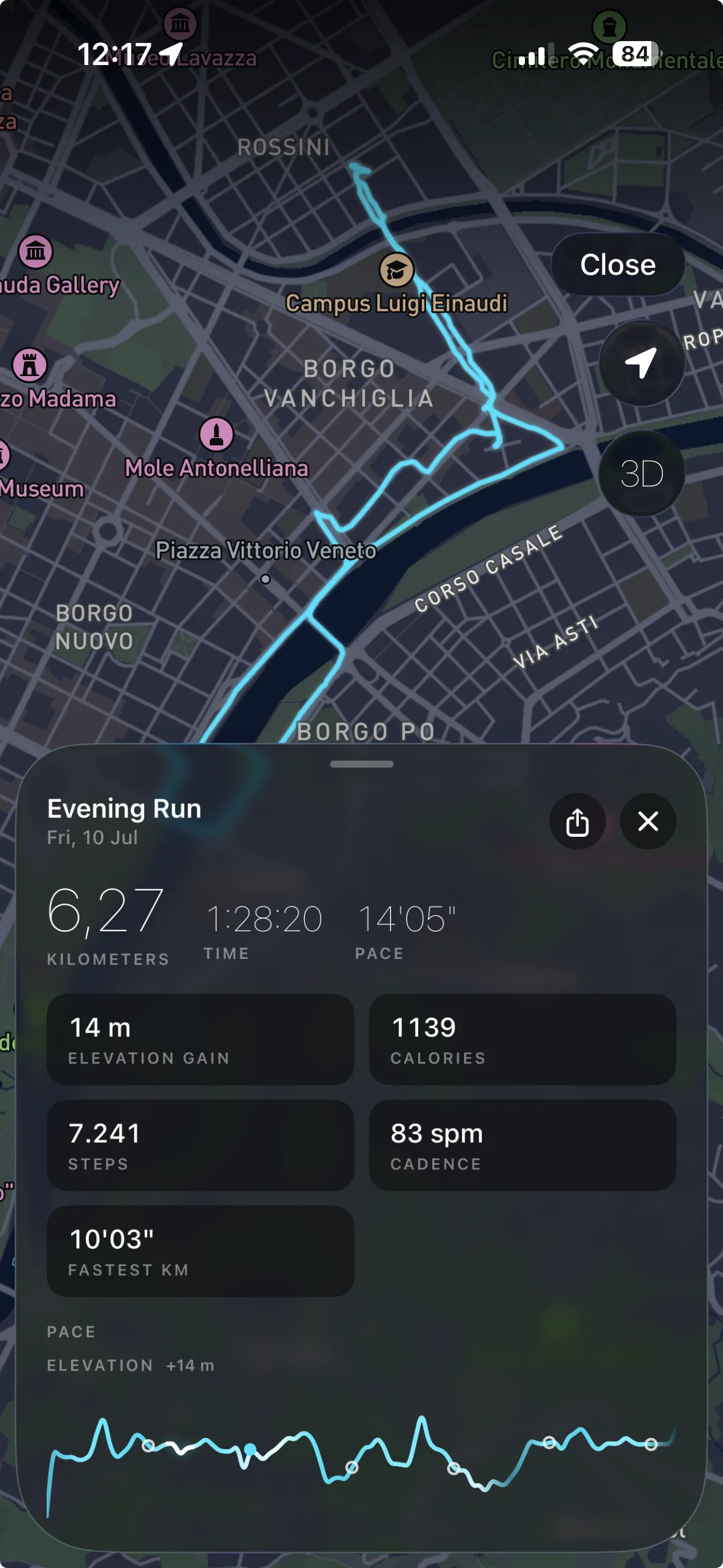 RouteRush run summary: route on the map with distance, time, pace, elevation and cadence