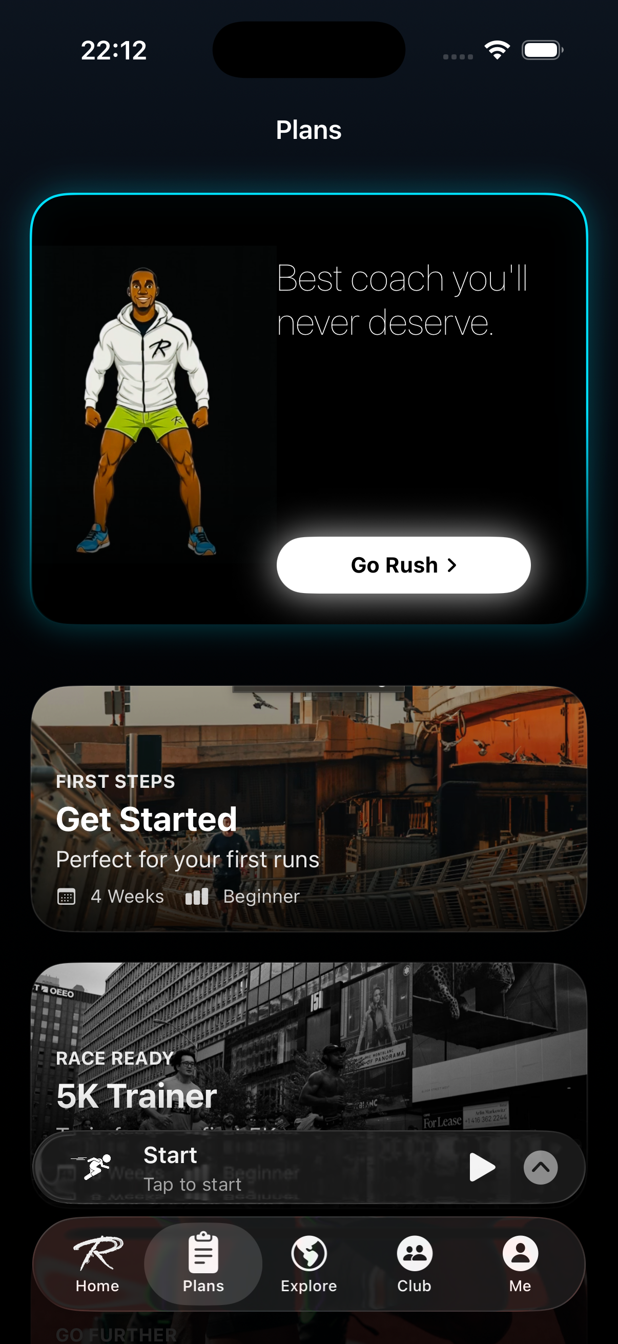 RouteRush Plans screen featuring Boldi the coach and structured training plans